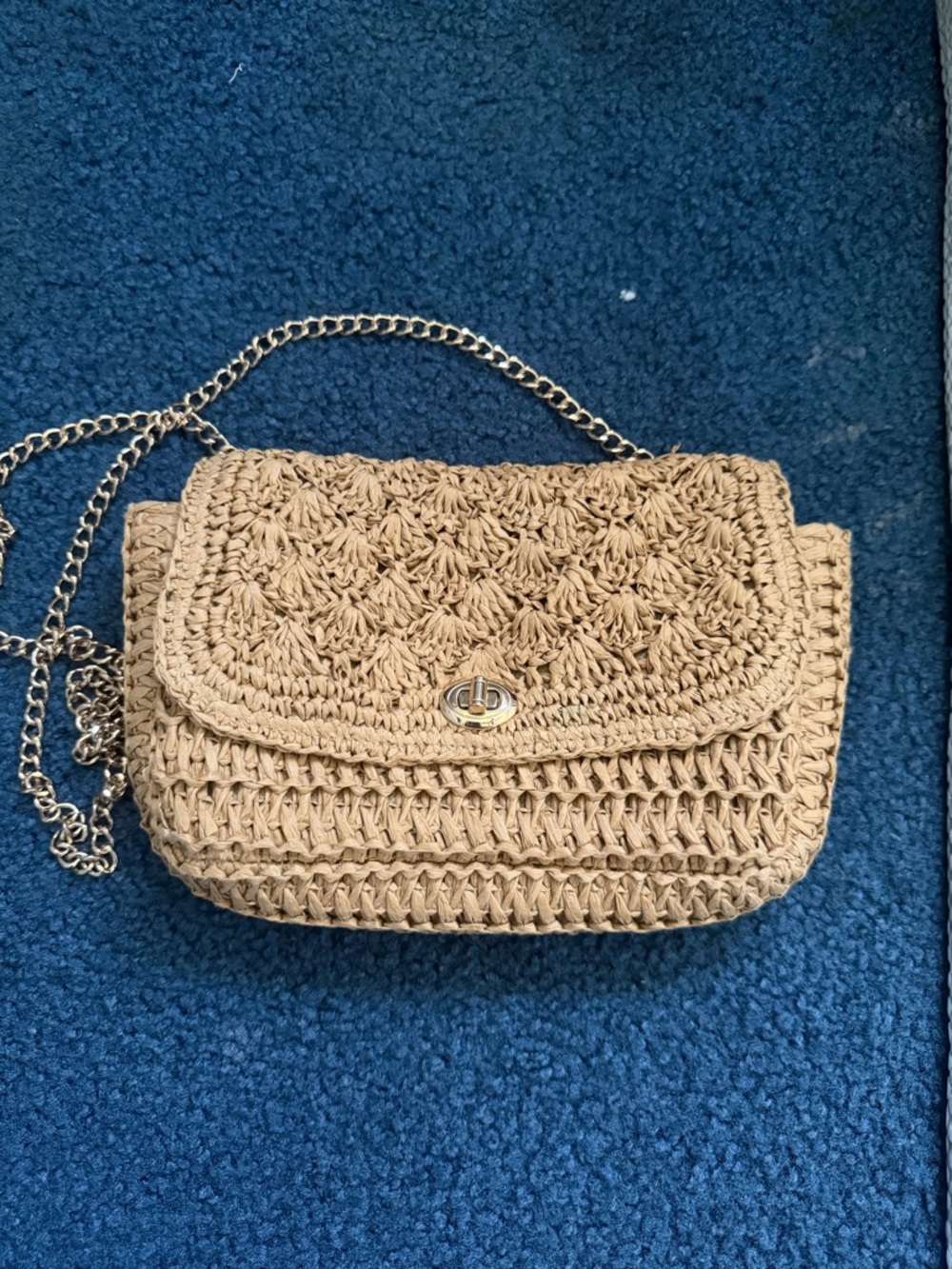 Woven Straw Crossbody Bag in Beige with Chain Strap